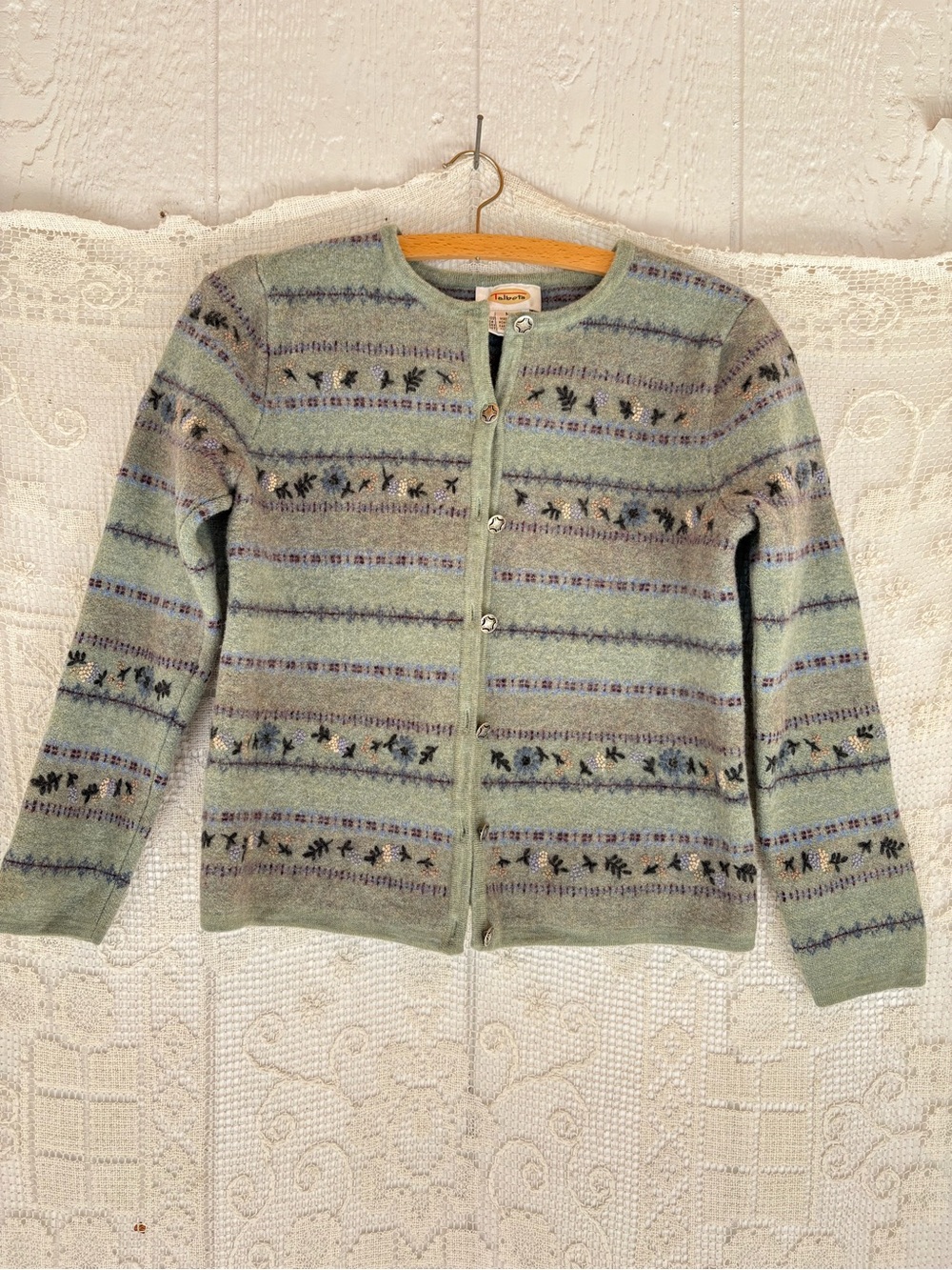 VintageTalbots Pastel Green Patterned Cardigan Sweater Small